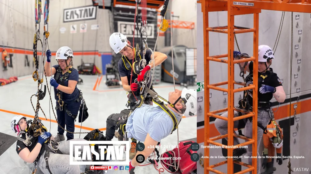Workers training on rope climbing and safety equipment in industrial warehouse facility