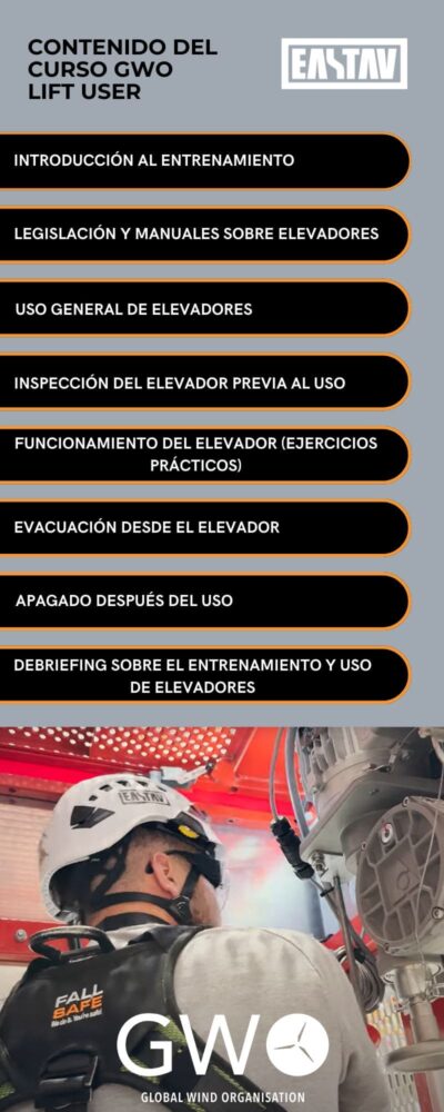 Contenido del curso GWO lift user sobre entrenamiento y uso seguro de elevadores