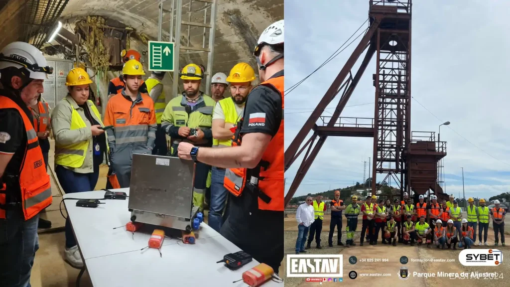 Mining workers in safety gear observing equipment indoors and posing outdoors at industrial mine site.