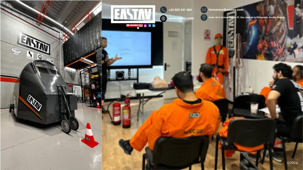 Equipo EASTAV en capacitación de seguridad industrial con equipos y presentación visual.