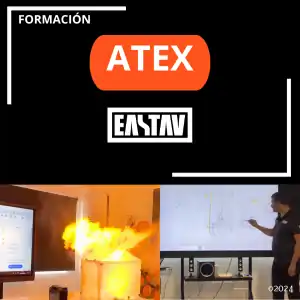 ATEX safety training course logo with fire demonstration and industrial safety equipment setup.