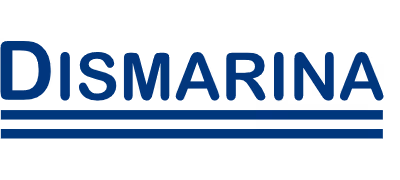 Logotipo de Dismarina con texto azul y línea horizontal subrayada.