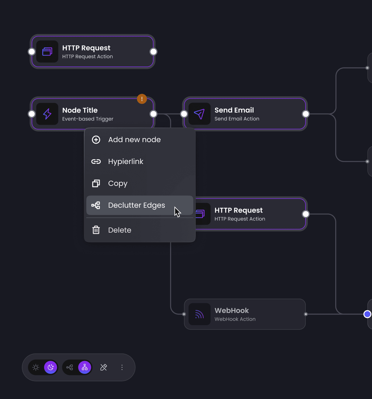 Flowchart with nodes labeled HTTP Request, Node Title, Send Email, and WebHook, showing connections and a context menu with options including Add new node, Hyperlink, Copy, Declutter Edges, and Delete.