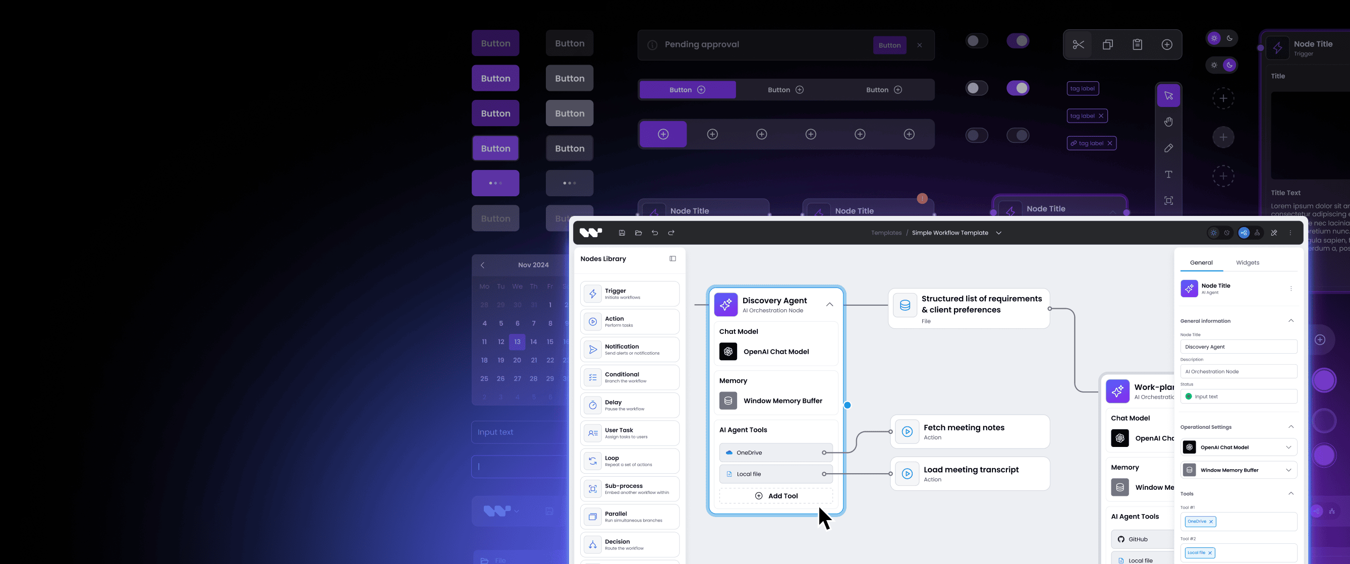 Dashboard interface of an AI orchestration workflow tool showing nodes library, a 'Discovery Agent' node with OpenAI Chat Model and memory settings, connected workflow steps, and operational settings sidebar.