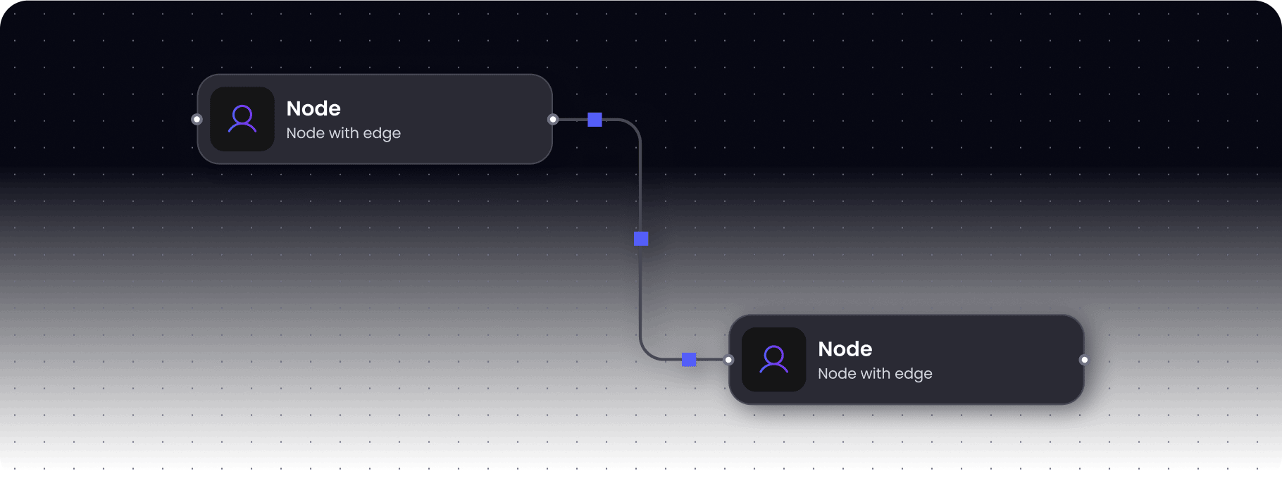 Diagram showing two dark nodes labeled 'Node' connected by curved lines with blue square handles on a dark grid background.