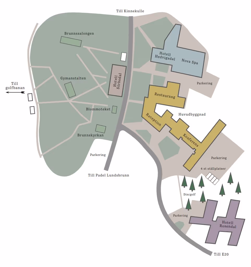 Karta över hotellområdet vid Lundsbrunn med restaurang, spa och konferensmöjligheter.