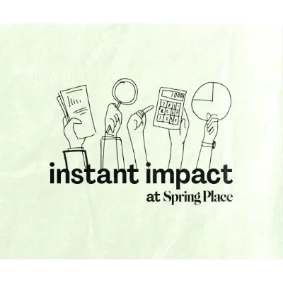 Line art illustration of hands holding various business-related objects above text that reads 'instant impact at SpringPlace'.