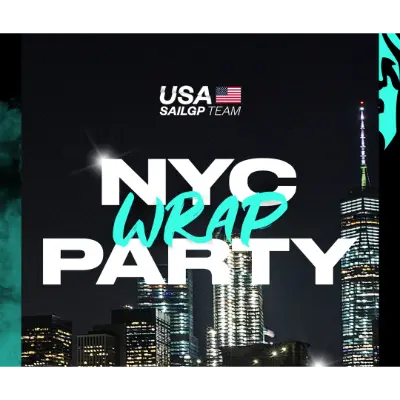 Text reads 'NYC WRAP PARTY' over a New York City skyline at night, with a USA SailGP Team logo.