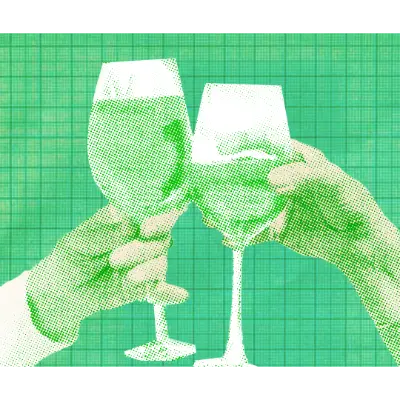 Two hands clinking wine glasses filled with a light beverage, overlaid with a green grid background and a halftone effect, creating a celebratory and artistic vibe.