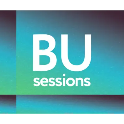 Text “BU sessions” displayed in bold white font over a vibrant gradient background of teal, blue, and purple tones with a modern, abstract design.