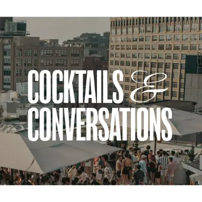 Text reading “Cocktails & Conversations” overlaid on a rooftop gathering scene in an urban setting, with a large crowd, umbrellas, and city buildings in the background.
