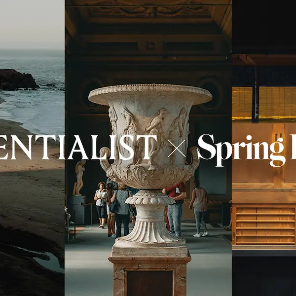 Collage with coastal landscape, classical sculpture in a museum, and a Japanese woman in traditional attire with text 'ESSENTIALIST × Spring Place' overlayed.