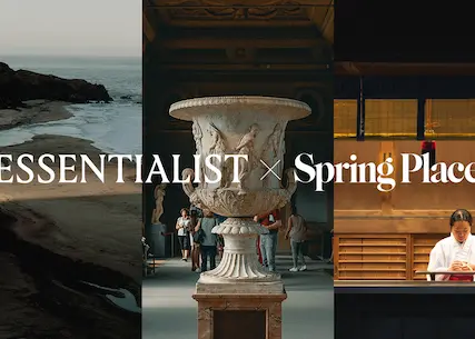 A collage blending a coastal landscape, classical museum sculpture, and a Japanese woman in traditional dress, overlaid with the text 'ESSENTIALIST × Spring Place.