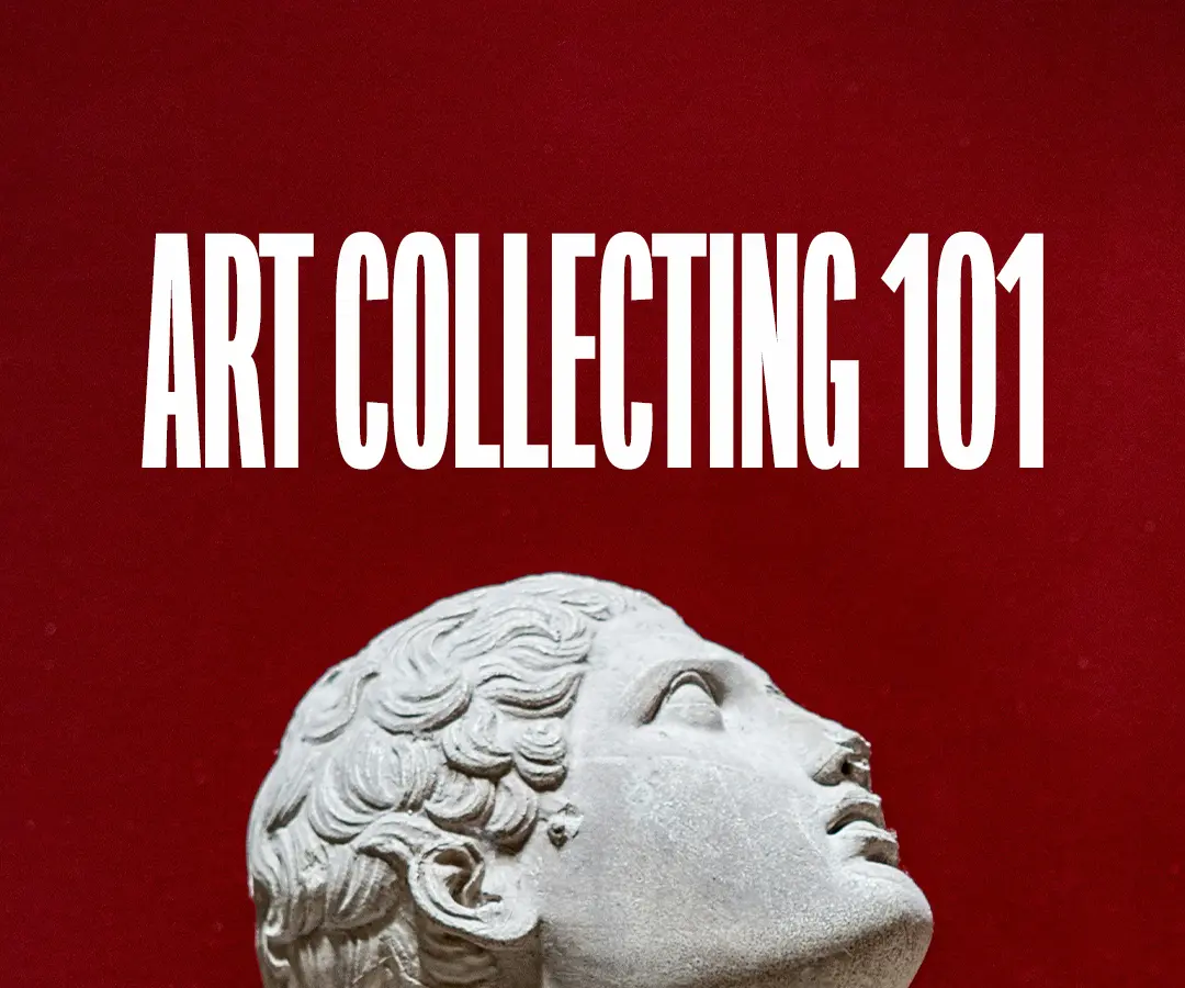 'Art Collecting 101' against red background with Greek/Roman sculpture head peeking from the bottom up