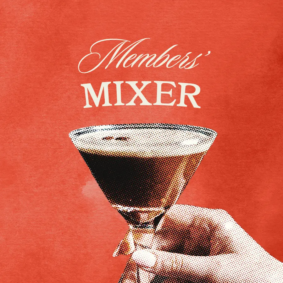 'Members' Mixer' against red watercolor background, with espresso martini held in hand