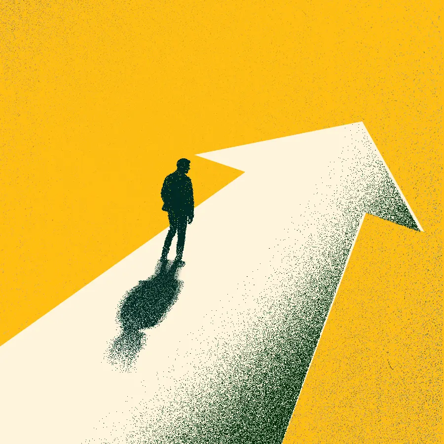 Against yellow background, an arrow going up, and a person moving up on it