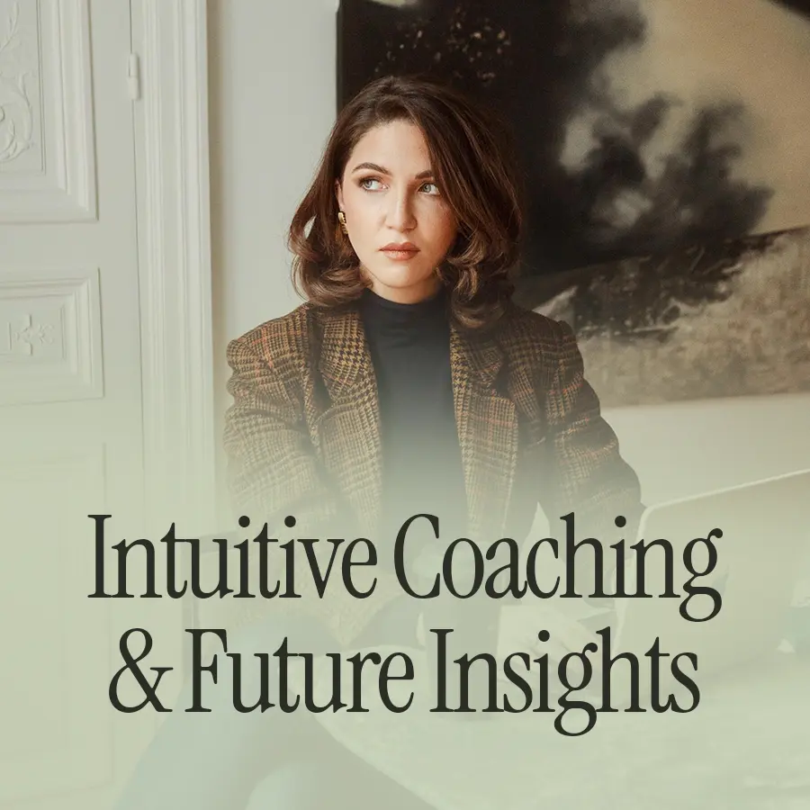 'Intuitive Coaching & Future Insights' against green-ish gradient, with the backdrop of a woman