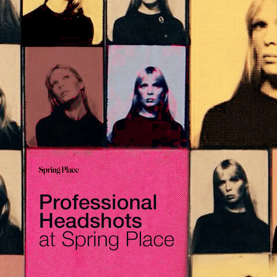 Vintage colored collage of a woman's face over and over again, with words "Professional Headshots at Spring Place" written on pink