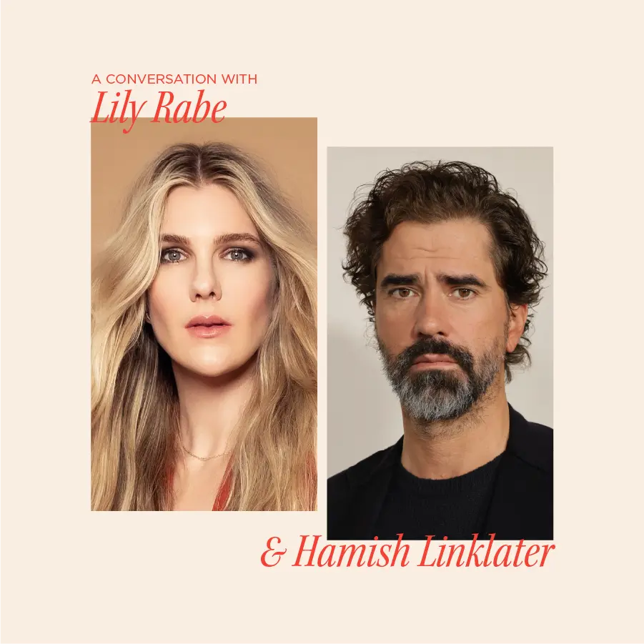 Vertical portraits of a woman and a man next to each other, with words "Lily Rabe" and "Hamish Linklater" overlaying it, respectively