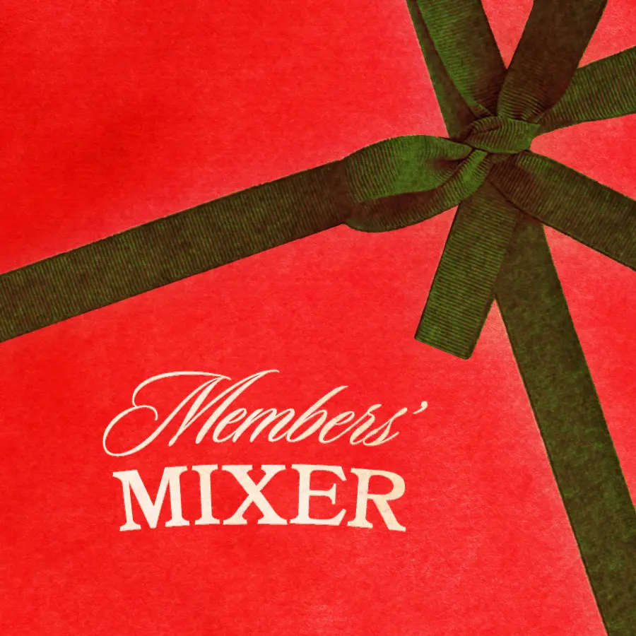 A festive, deep red background with a green bow on it, with words "Members' Mixer" written in cream white