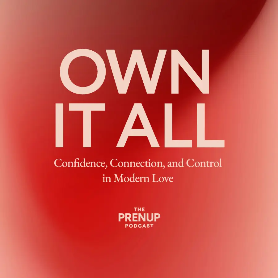 "Own It All" capitalized, big text over gradient of deep red to light pink