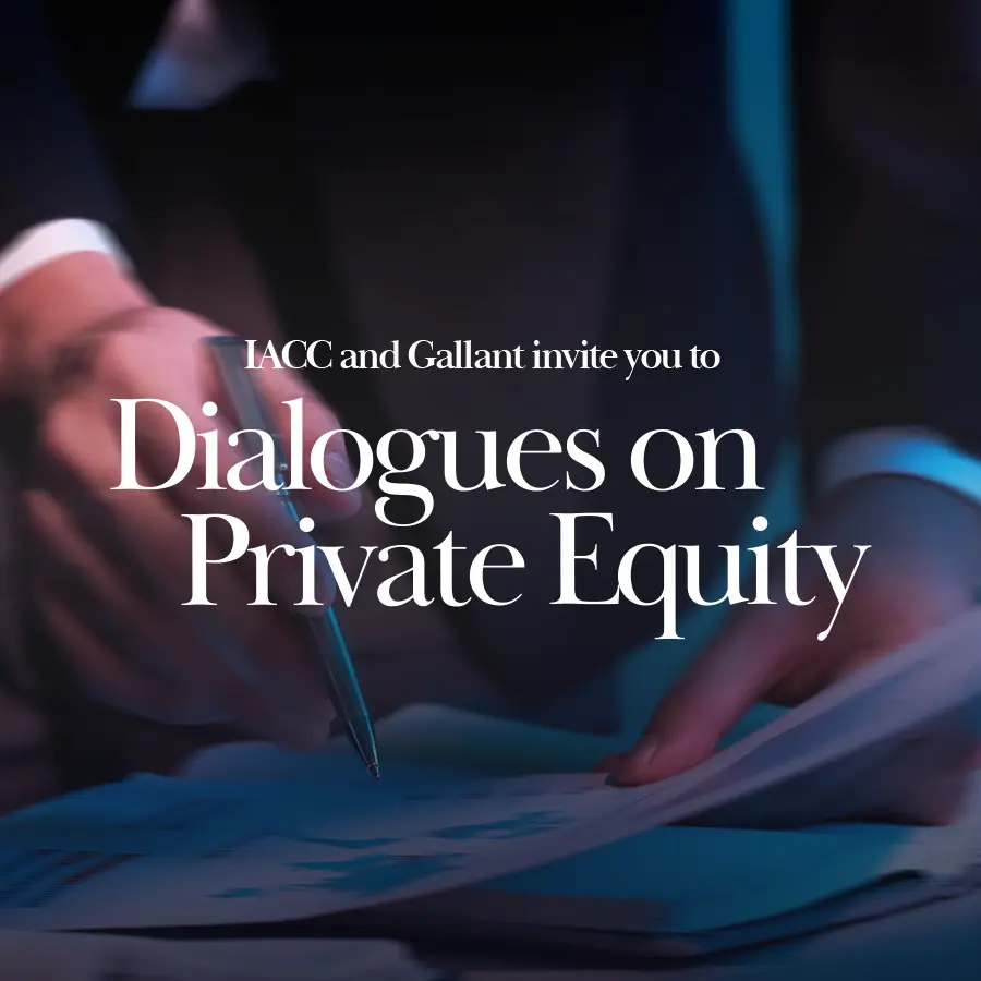 "Dialogues on Private Equity" written against navy blue background image of a person in suit holding a pen
