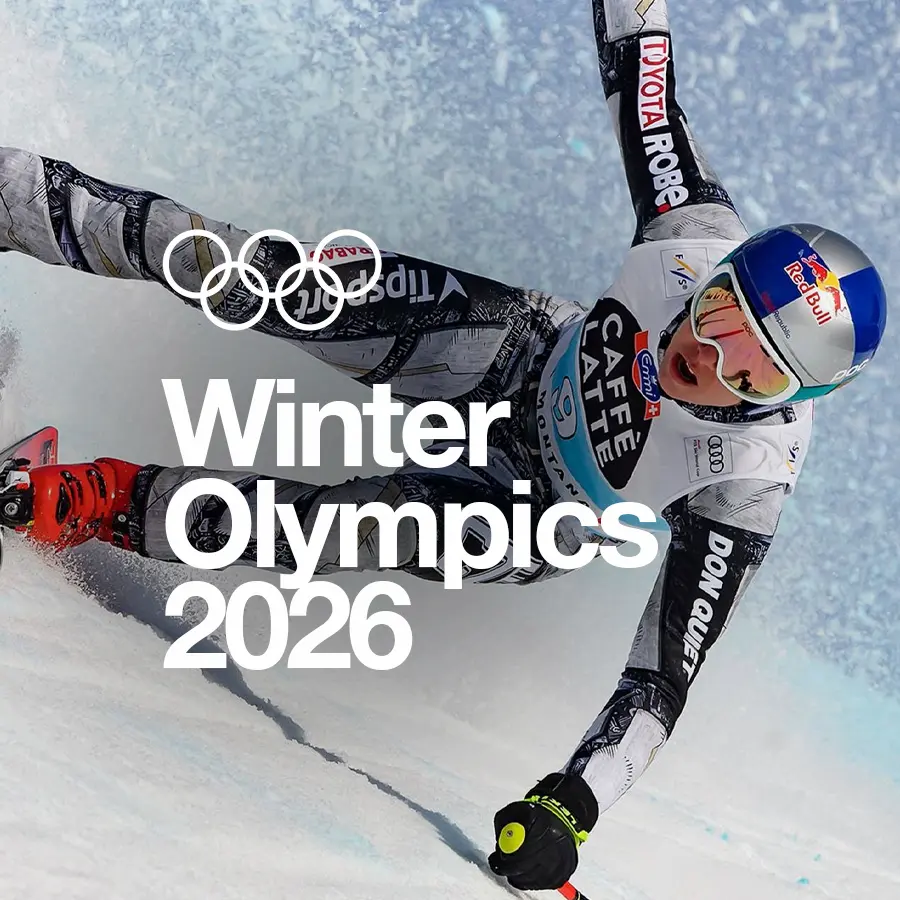 "Winter Olympics 2026" text overlaid on a person skiing