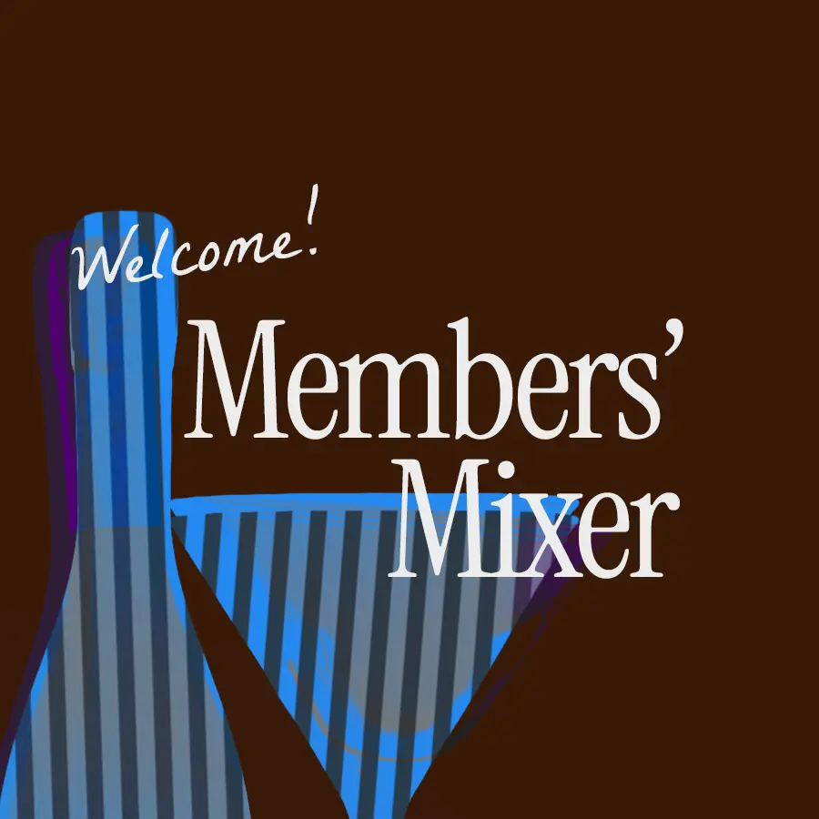 "Members' Mixer" written on an image of striped, blue silhouettes of wine, against a brown background