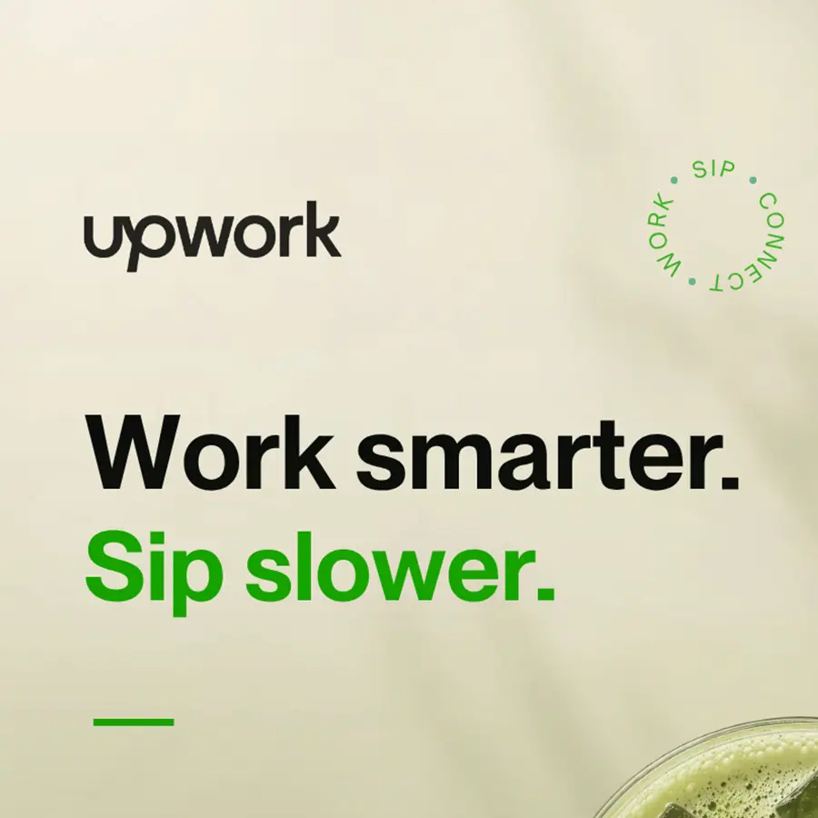 Text "Upwork" written above "Work smarter. Sip slower." against a beige background.