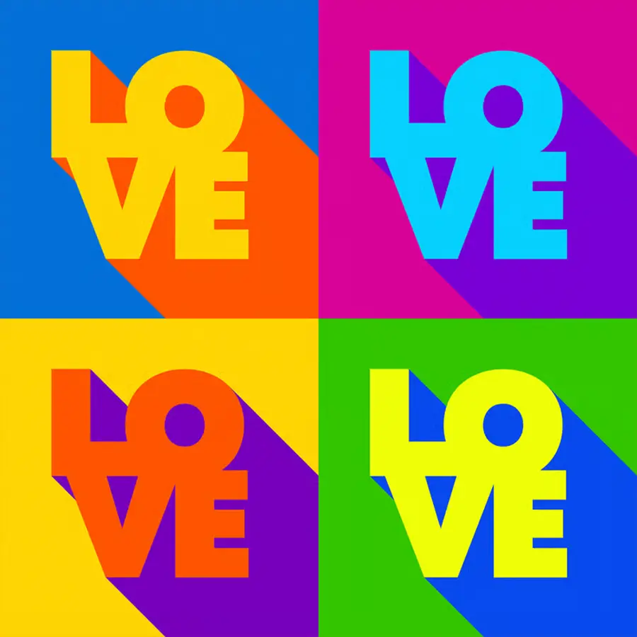 "LOVE" repeated in 2x2 colorful graphic