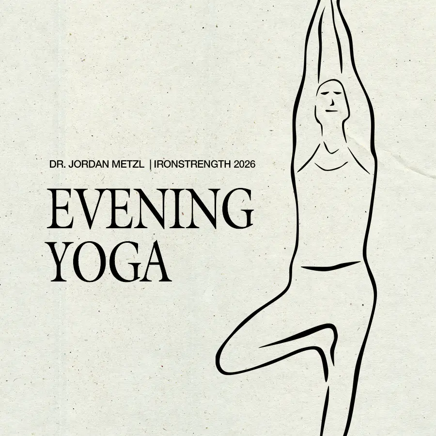 Illustration of person holding tree yoga pose, next to text "Evening Yoga"