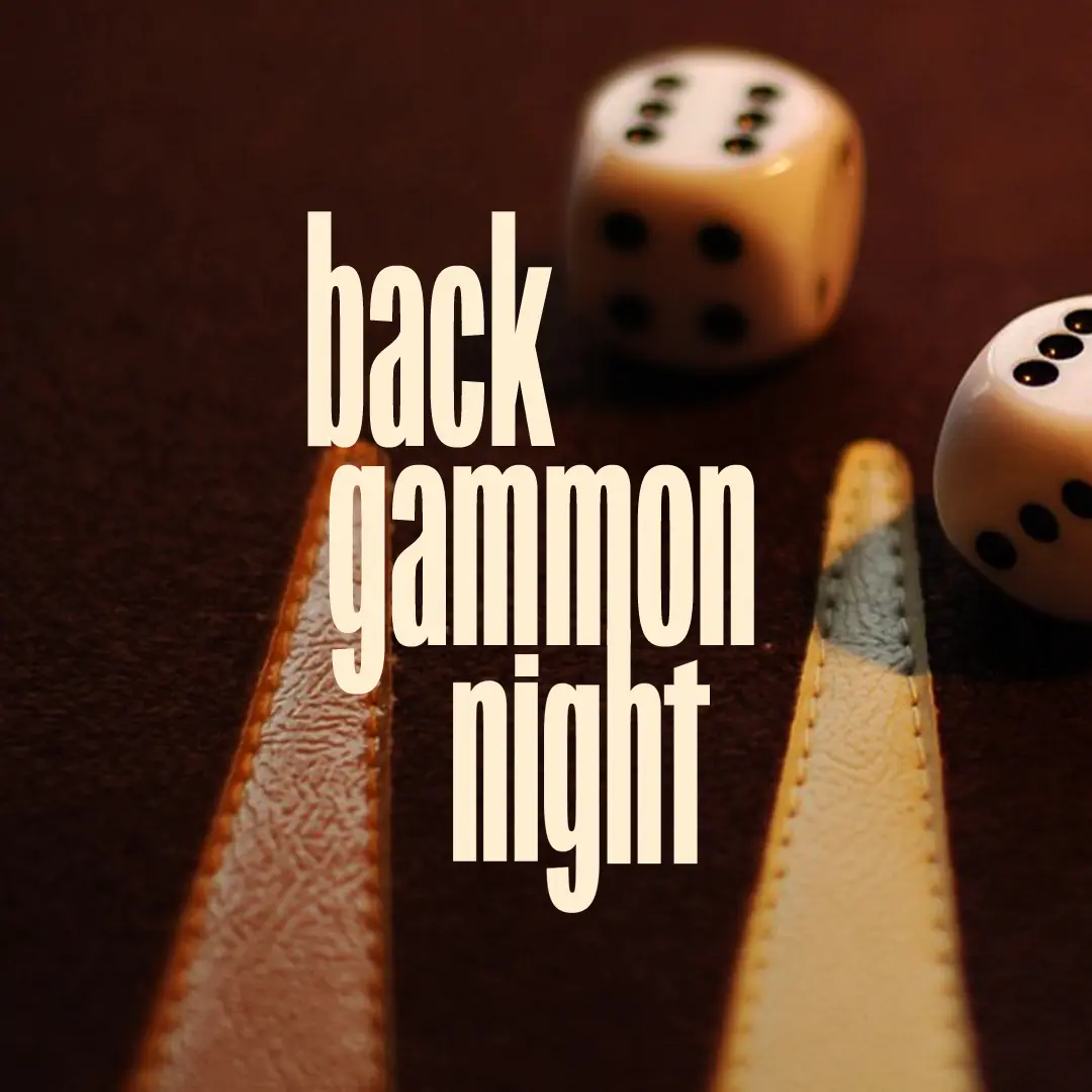 "Backgammon Night" written against image of backgammon board with dice on it