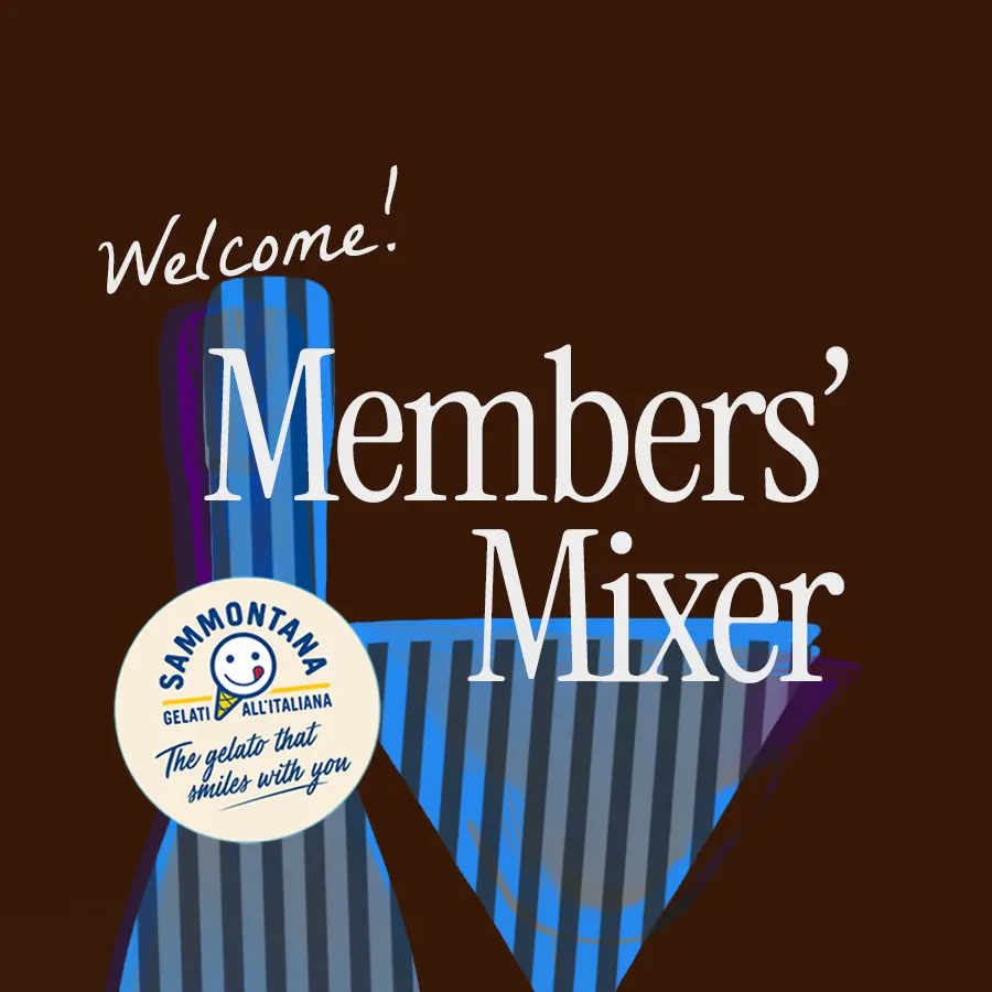 "Members' Mixer" written on an image of striped, blue silhouettes of wine, against a brown background