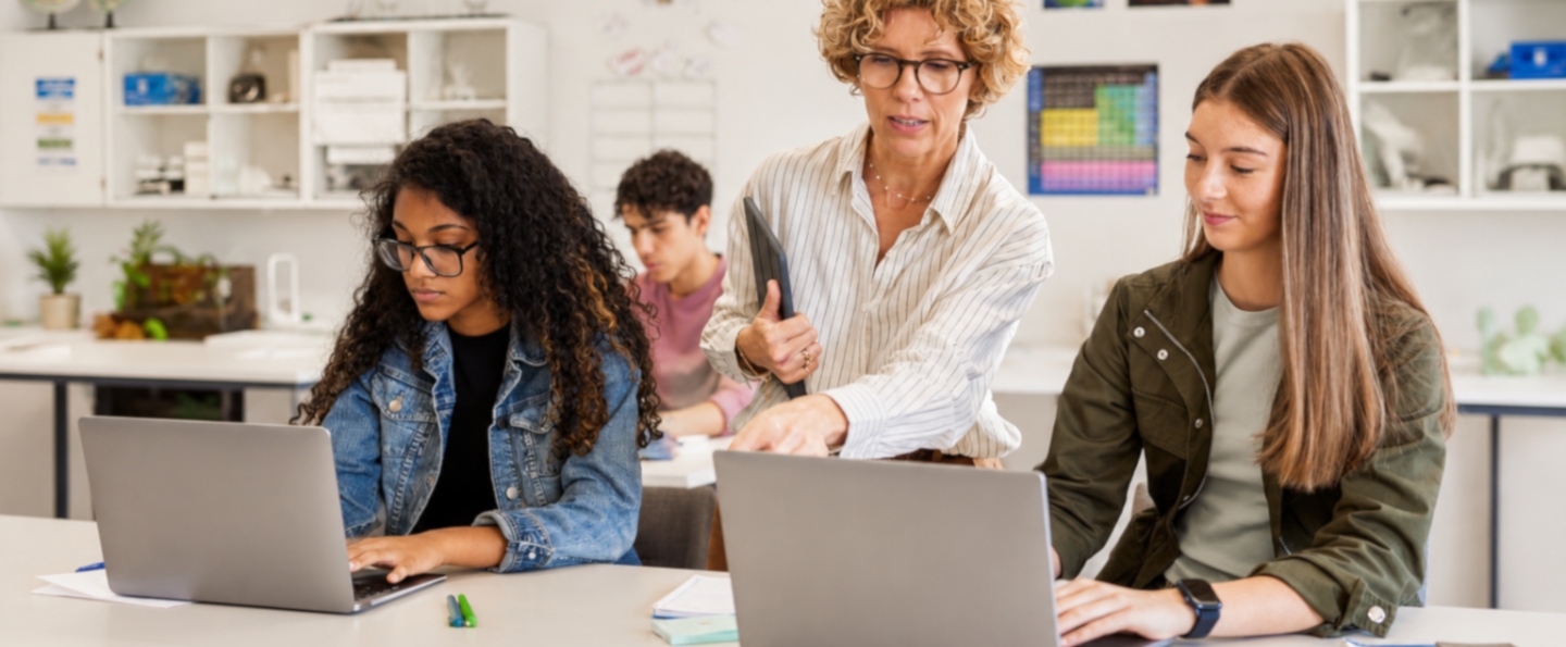 Teacher assisting students using laptops