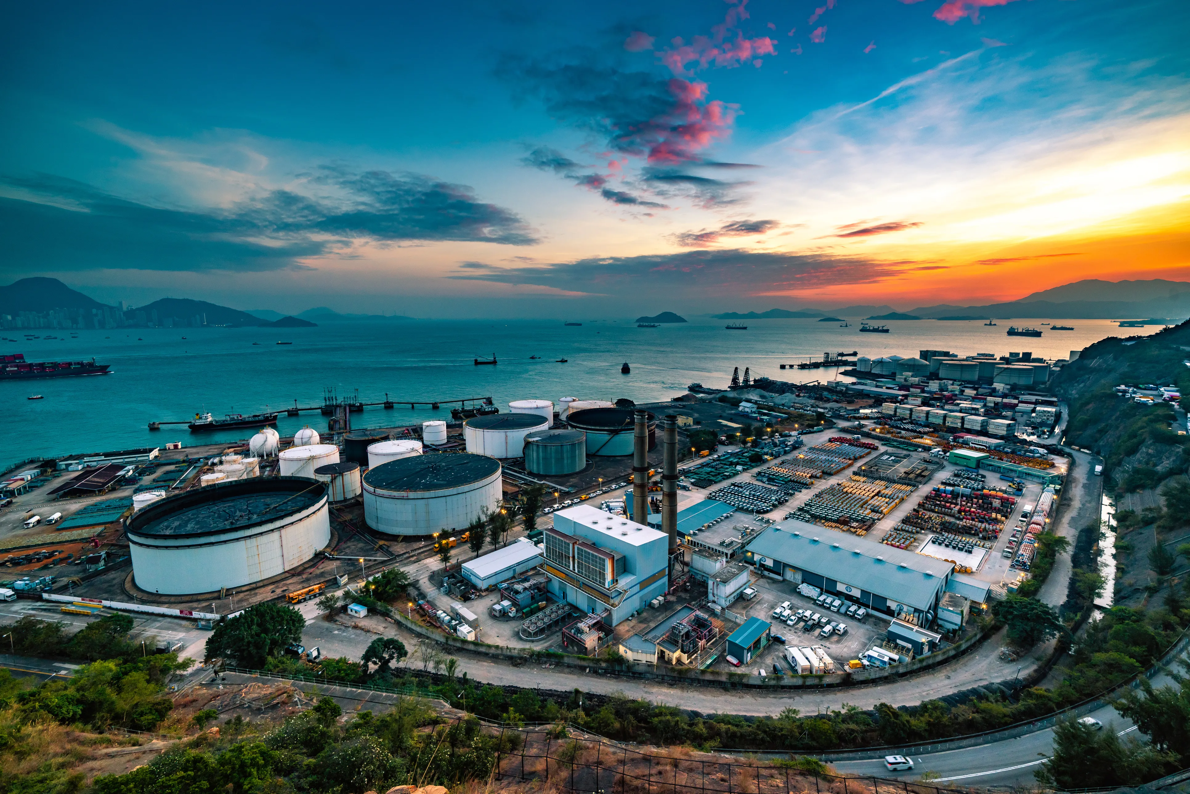 An oil and petrochemical storage and distribution hub in a harbor. 