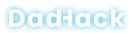 Logo text reading DadHack in white letters with a blue glow background.