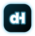 Icon with lowercase white letters 'd' and 'h' connected on a dark square background with a blue rounded border.