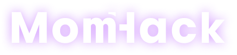 Text logo reading 'MomHack' with a purple glow effect around the white letters on a transparent background.