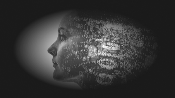 Side profile of a woman's face blended with floating binary code 1s and 0s on a dark background.