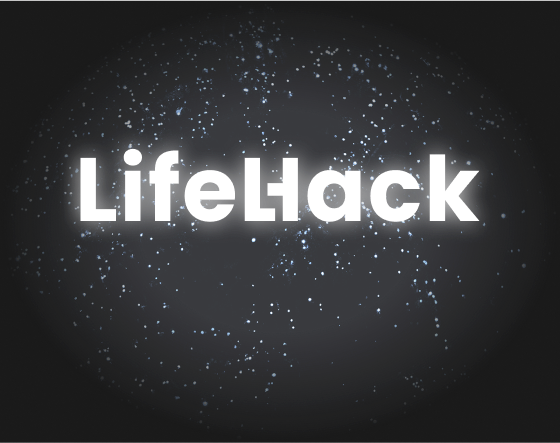 White glowing text 'LifeHack' surrounded by scattered small light particles on a dark background.