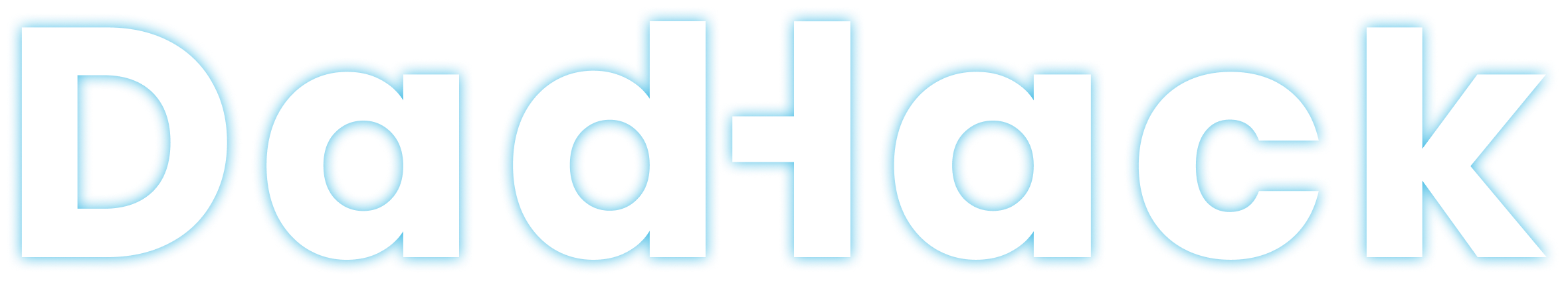 Text logo displaying 'DadHack' with white letters outlined in light blue.