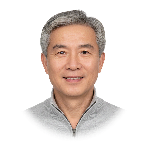Smiling middle-aged Asian man with gray hair wearing a light gray zippered sweater.
