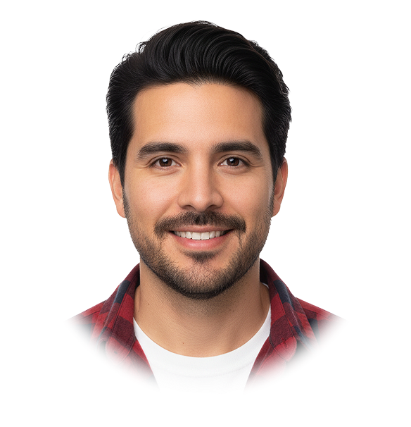 Smiling man with dark hair and beard wearing a red and black checked shirt over a white t-shirt, against a transparent background.