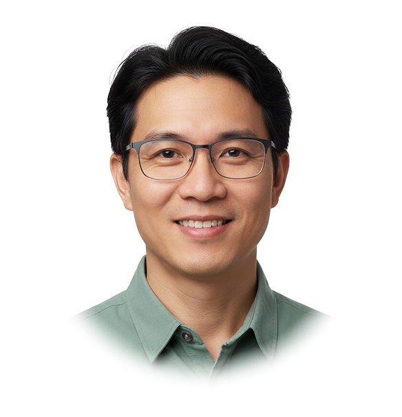 Smiling Asian man with black hair and glasses wearing a green button-up shirt.