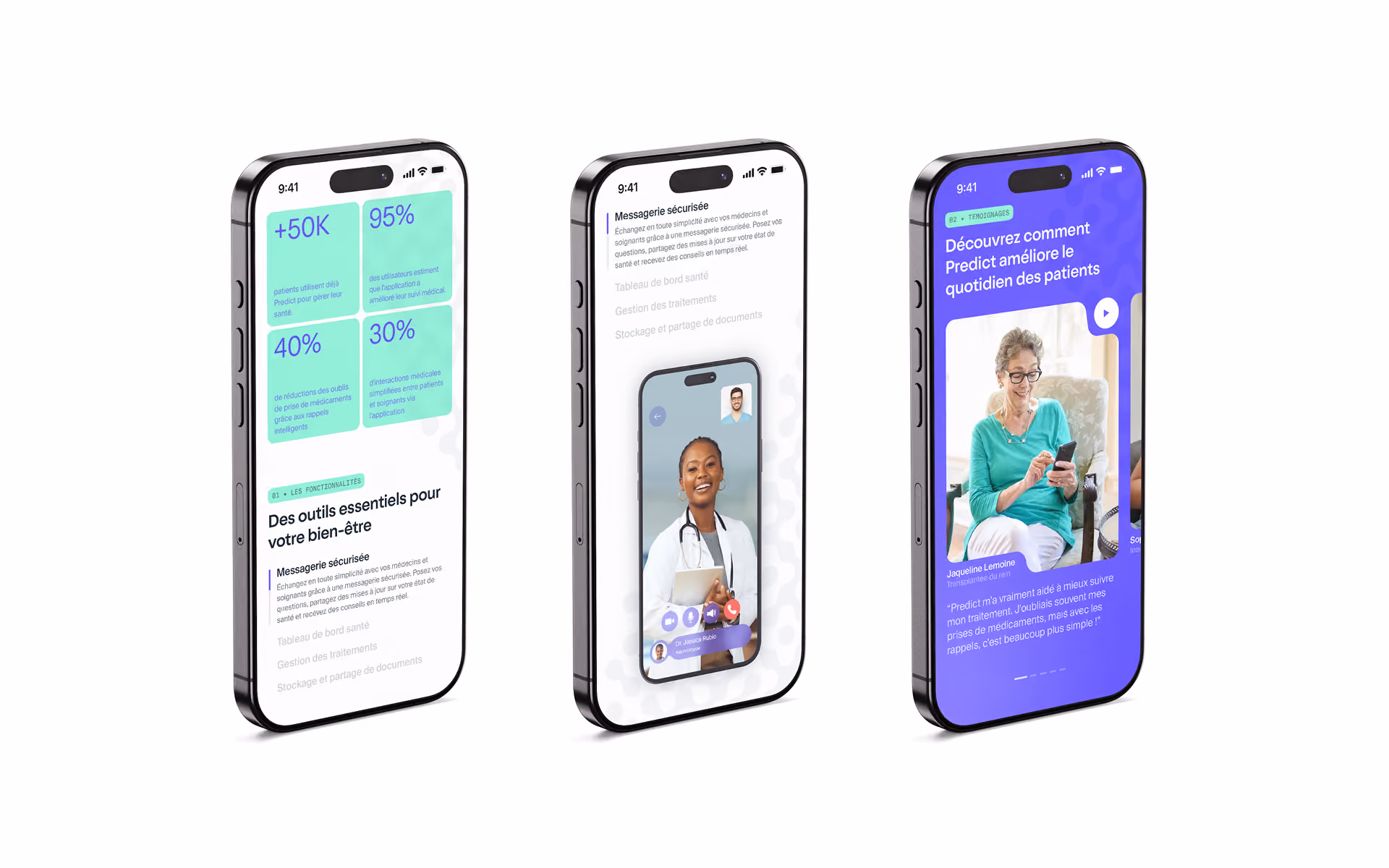 3 smartphones affichant différentes pages du site Predict