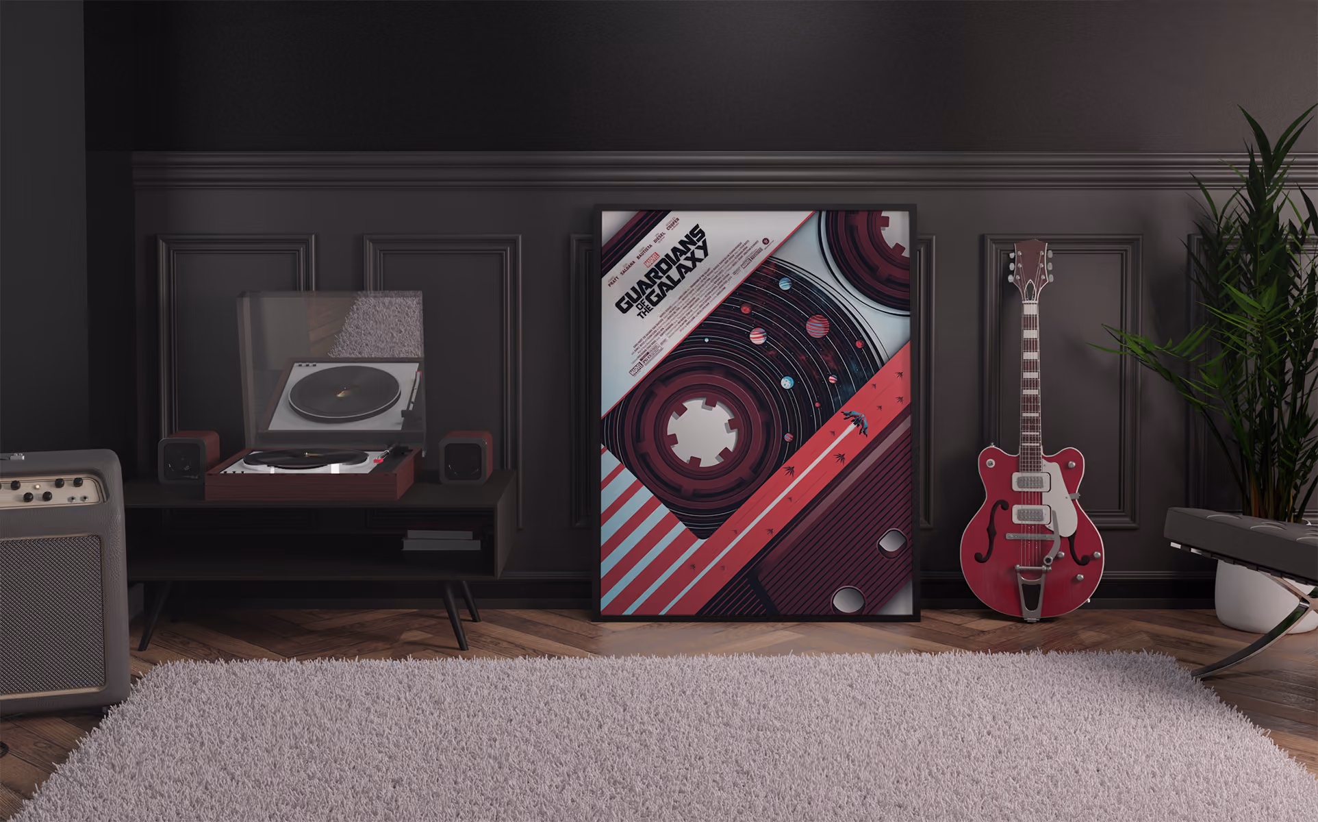 Poster des Guardiens de la Galaxie encadré et entour par une guitare et une platine vinyl.