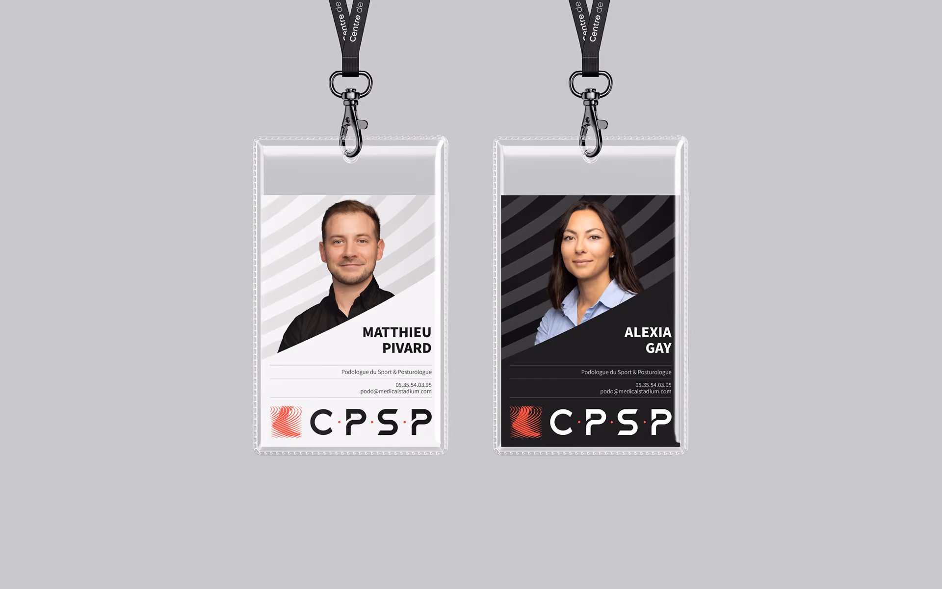 Deux Badges brandés aux couleurs du Centre de Podologie du Sport et Posture