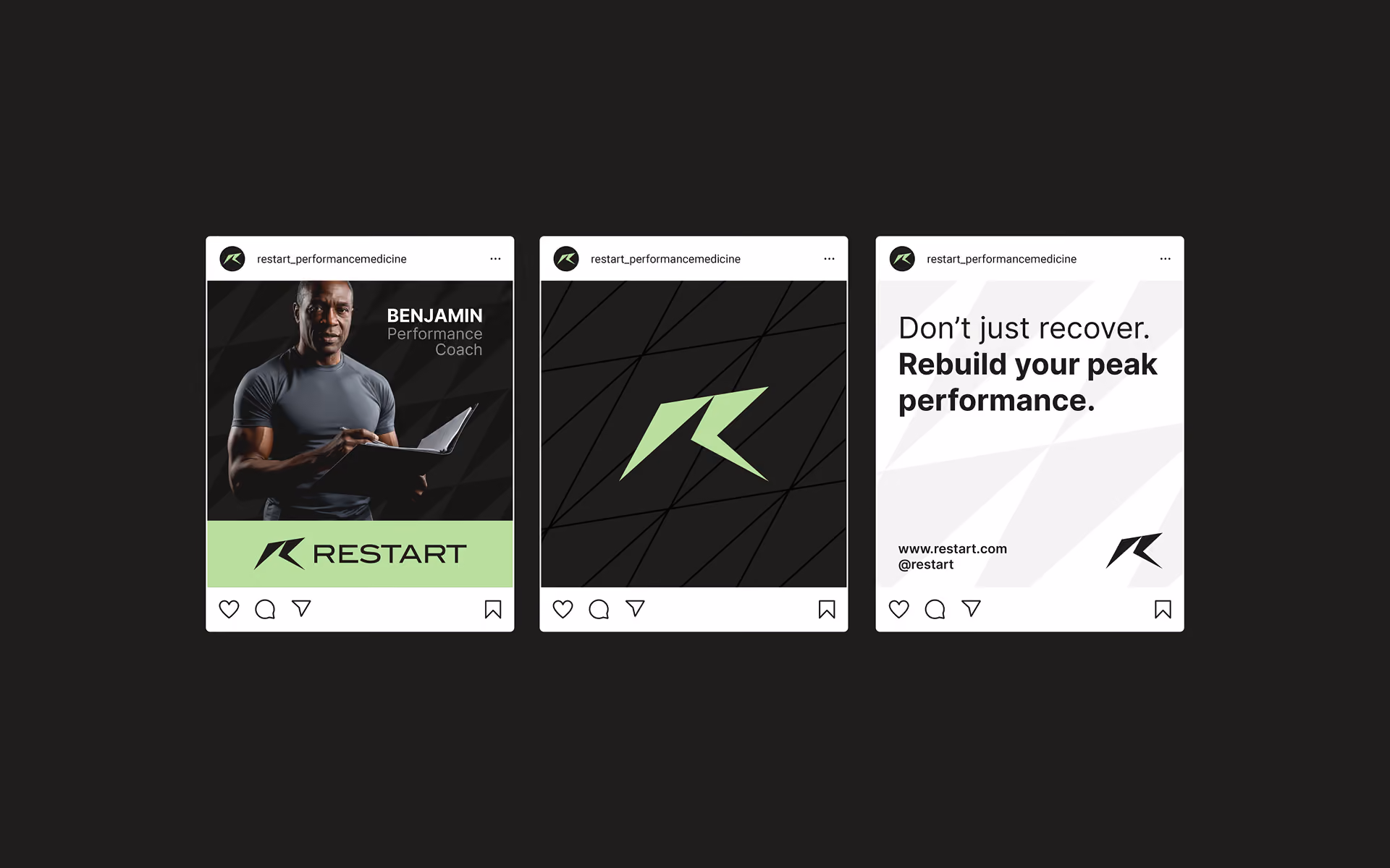 Posts Instagram Restart, spécialisé dans la réathlétisation des sportifs professionnels