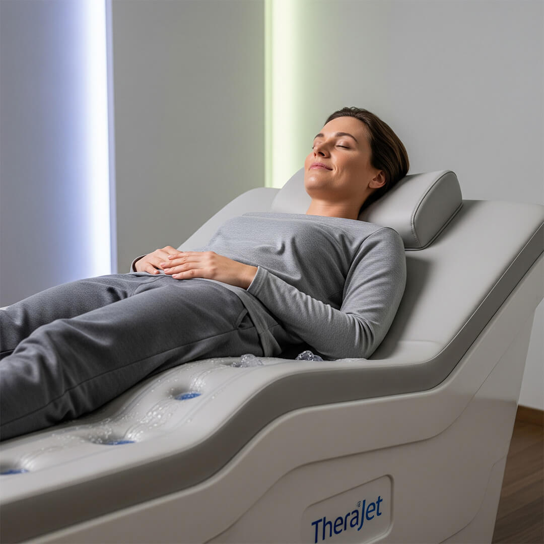 A person rests comfortably, fully clothed, on the cushioned surface of a TheraJet hydrotherapy bed, their relaxed expression highlighting the effortless nature of the treatment.