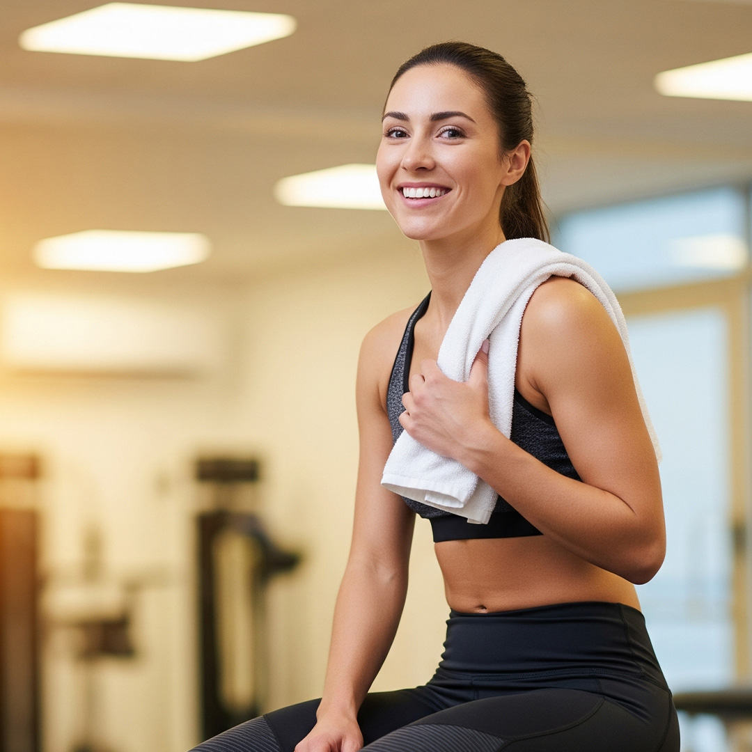 A smiling athlete sits on the TheraJet machine, still in their athletic wear, with a water bottle in hand, looking refreshed and recovered after a session.